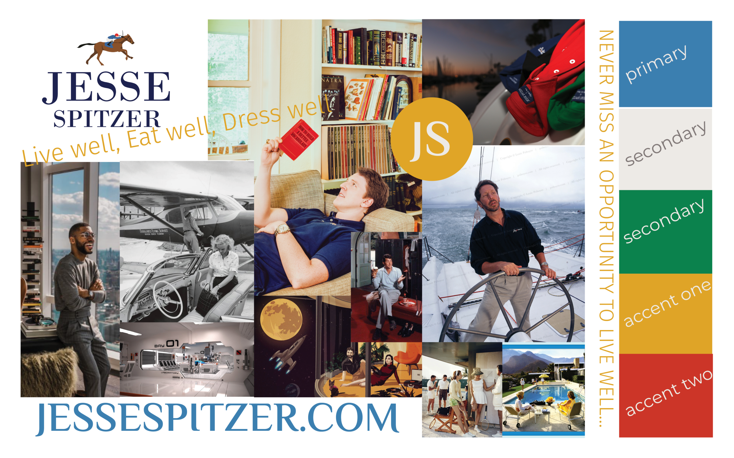 Jesse Spitzer brand mood board showing its imagery, typography, and four-color palette