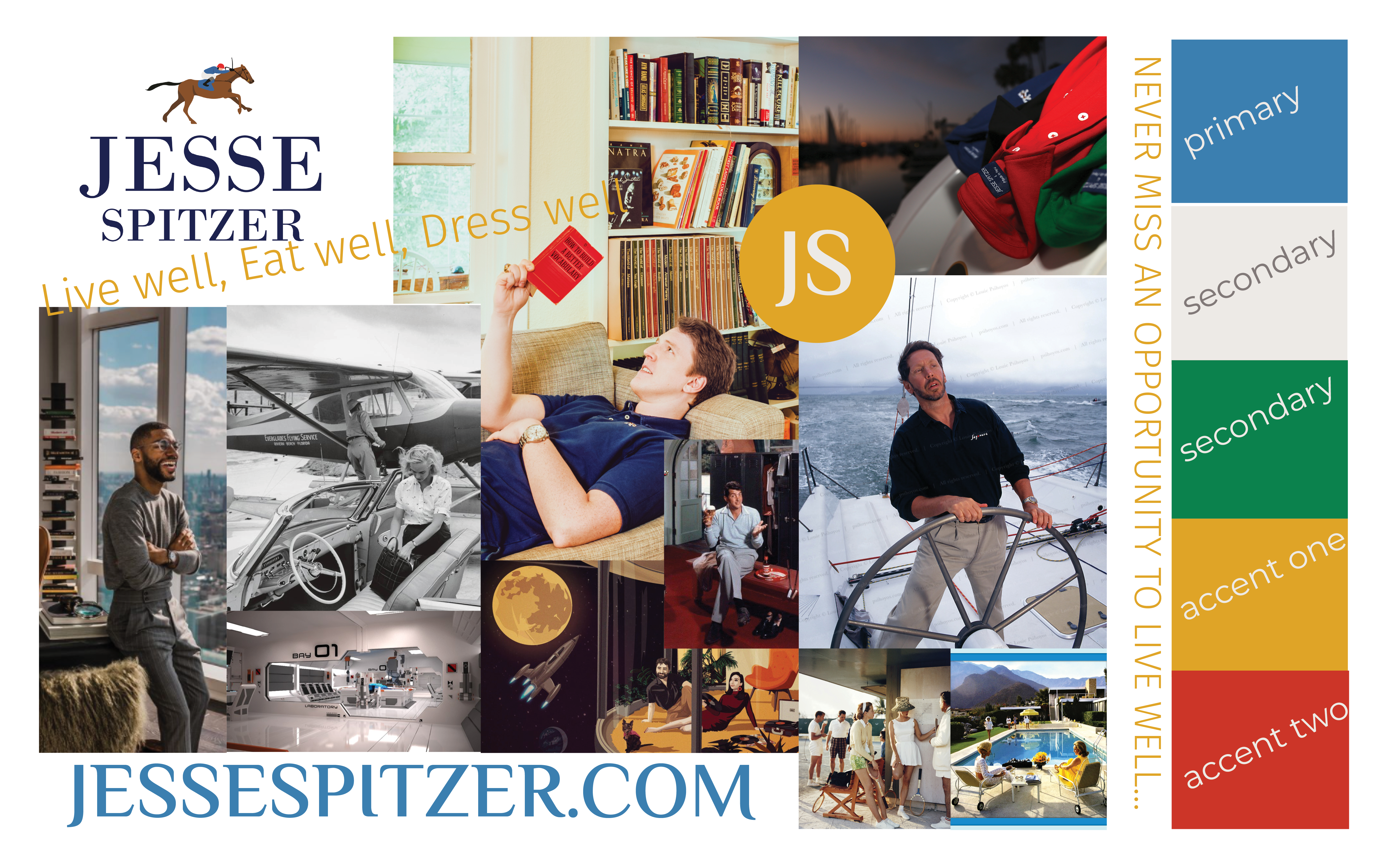 Jesse Spitzer retro-futurist brand mood board combining classic menswear, sporting heritage, space-age imagery, and color palette