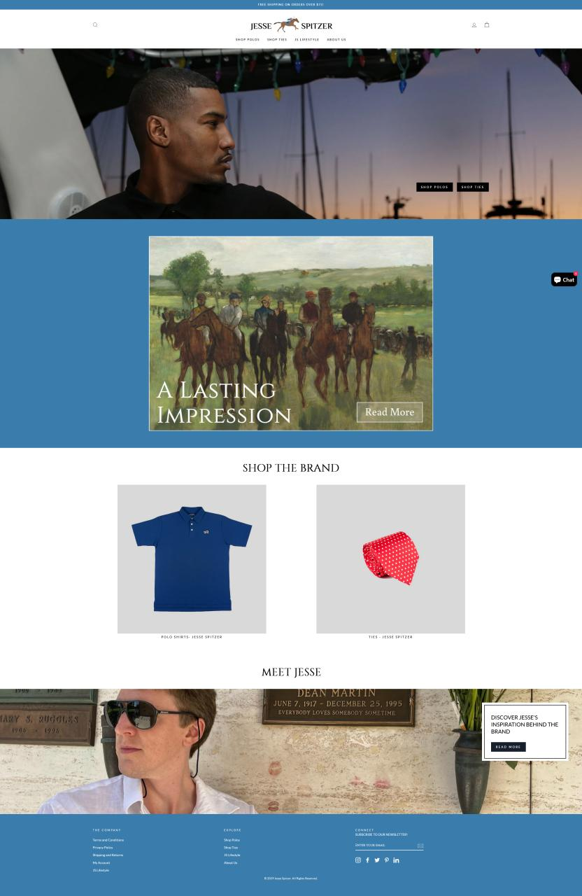 Jesse Spitzer Clothing e-commerce homepage featuring menswear products and editorial photography