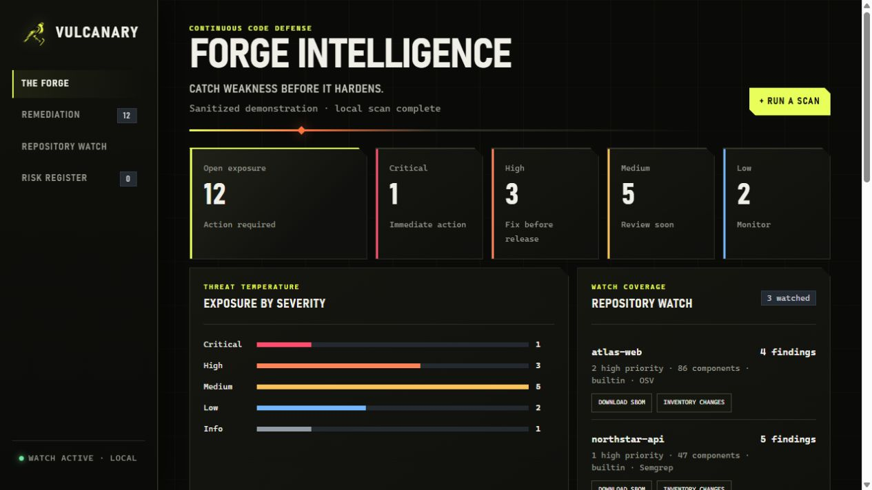 Vulcanary local-first code defense dashboard showing fictional repositories and sanitized security findings